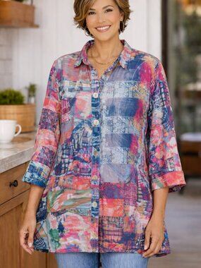 Ali Miles Abstract Print Wired Collar Top Plus